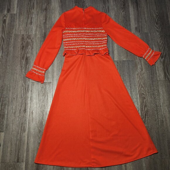 Vintage 60s Holidays bright red and gold babydoll long bell-sleeved maxi dress - Picture 12 of 14